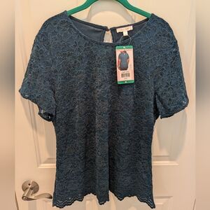 NWT lace and velvet, teal, short sleeved blouse, sz XL